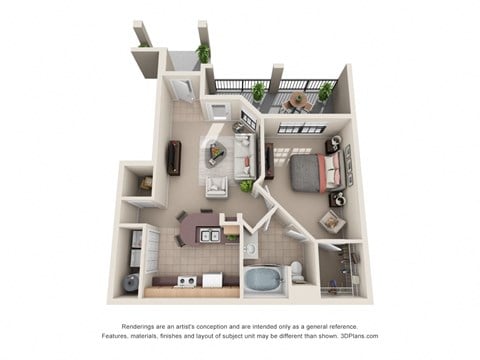 Floor plan for 1 bed, 1 bath, 696 sqft